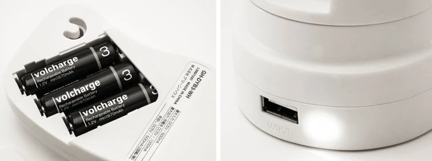 【左】本体にはニッケル水素電池を3本内蔵して、こちらに蓄電する【右】USB端子からスマホに充電。また、ここからACアダプタと接続し本体を充電することも可能だ。そしてLEDライトも装備です