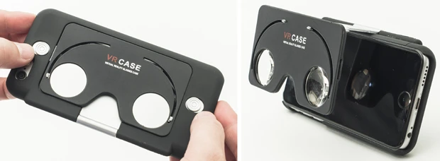 【左】iPhone6sに装着した状態。ケースの左右にあるボタンをスライドするだけでレンズ部分が展開。このギミックも素敵!【右】この発想はなかった! 最新のiPhoneのケースとして使用できるVRレンズが登場。重量わずか50~65gで、ケースとしても有能。VR入門用に是非!