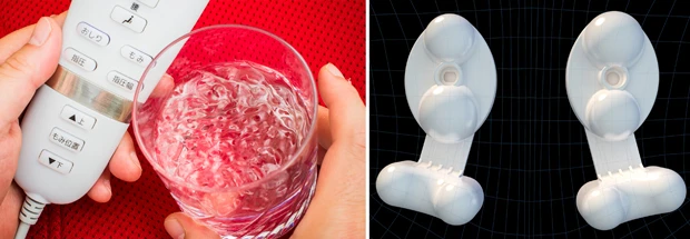 【左】座面にはバイブレーション機能を装備。そこにコップを置くと、この振動っぷり! ヒップマッサージは意外と新鮮ですよ【右】内部に8個の温感もみ玉を装備し、じんわりと優しく刺激してくれる