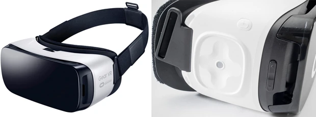 【左】最新の人気スマホ「GalaxyS7 edge」にも対応するハイスペックモデル。没入感が高く、ライブやスポーツなどの専用コンテンツも大充実!【右】本体右側に装備されたタッチパッドでの操作も未来チックです!