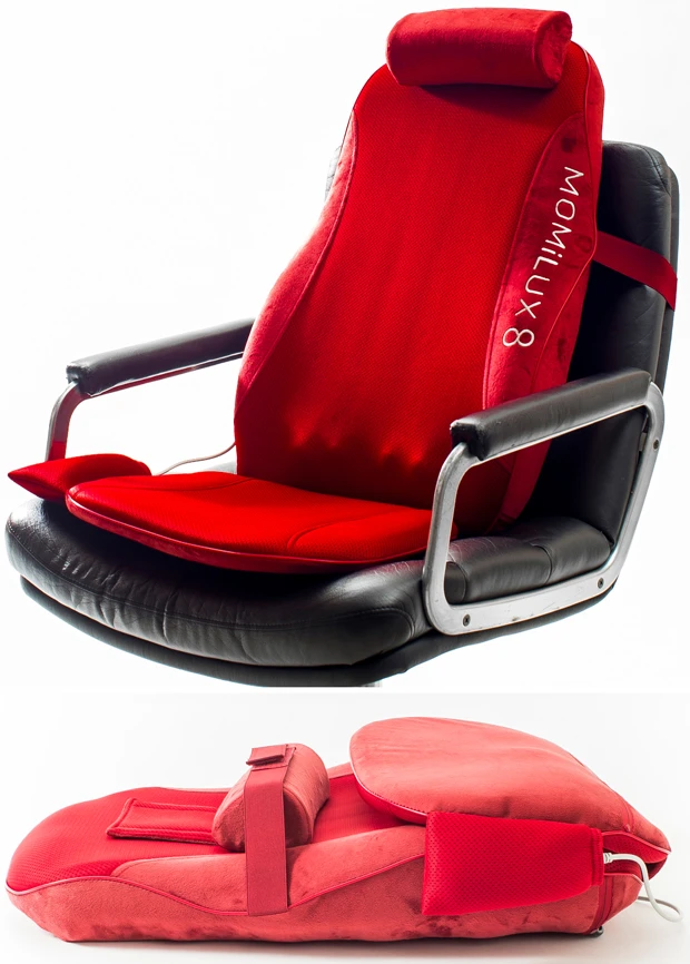 【上】イスに装着した状態。このまま仕事もできます!【下】折りたたんだ状態は高さ約17cm、幅約43cm、全長約67cmと、押し入れやベッドの下に収納できるサイズだ