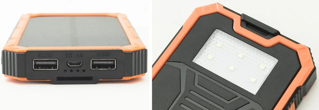【左】USB端子を2個装備し同時充電も可能。放電容量が15000mAhと大きいが、本体重量も約280gと重めに…【右】本体裏面にLEDライトを6個装備。普通の懐中電灯より明るい!