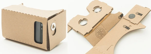 【左】段ボール製で、しかも組み立て式というVRゴーグル。Googleが提供するゲームやアプリ用に開発されたモデルだが、もちろんそれ以外のコンテンツにも対応している。とにかく値段を抑えてVRを楽しむなら、こちら!【右】組み立ては工具や接着剤を使用することなく、大体5分ほどで完成。ただ、使用しているうちに可動部分が劣化してくるので、ガムテで補強すること!