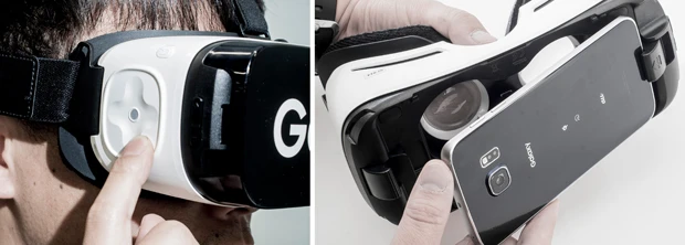 【左】操作は右にある十字型のタッチパットを使用する【右】各種コンテンツを楽しむときは、スマホを本体に装着する。対応するのはGalaxy S6/S6 edgeと今後発売される「Galaxy S7 edge」