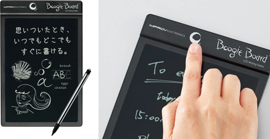  【左】ディスプレイのサイズは８.５インチ、重量１１５.８ｇの電子メモ帳。スタイラスがディスプレイに触れただけで即書けるので、電話中や会議中のメモにオススメ。ボールペン以上の軽い筆圧で書けるから、疲れも低減してくれますよ！【右】書いたメモは、ボタン一発で即消去！　付属のマグネットシートで、ホワイトボードや壁に貼って使うのも便利です