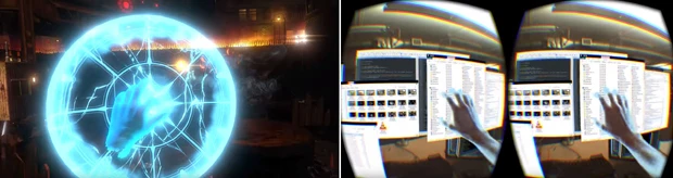 「Oculus Touch」対応のゲーム『TheUnspoken』。手と指で“魔法”を操り、透明ボードに四角を描いて盾を出したり、手を握って火を作ったりと、ファンタジー世界にどっぷり浸れる