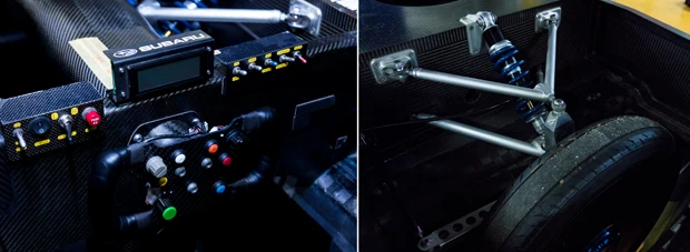 ハンドル周り【左】、そしてサスペンション【右】などボディの中身はレーシングカーそのもの!