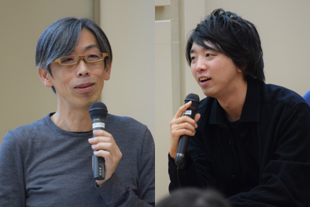 筑波大学「未来教室」で講義をする落合陽一氏(右)と藤井直敬氏(左)