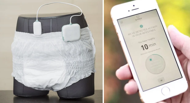 (左)「DFree」の装着イメージ。下腹部に超音波ユニットを貼り、バッテリーはパンツのゴム部分に装着。バッテリーはUSBから充電できるので、汎用性も高い。(右)「DFree」はBluetoothでスマホアプリと連動。排泄時間をお知らせするだけでなく、学習機能により使うほどに適切な排泄タイミングを予知できるようになる
