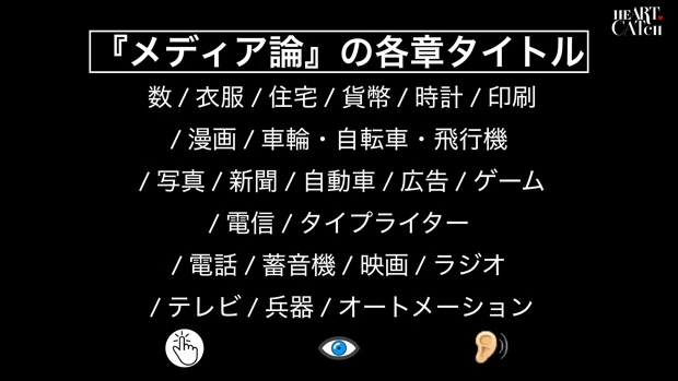 1964年に刊行された『メディア論』(原題『Understanding Media:The Extensions of Man』)は、人にまつわるあらゆる事象はメディアであると規定したメディア研究の古典。インターネット時代のシェア文化やAIの広がりを予見する内容になっている(講義で実際に使用されたスライドより)