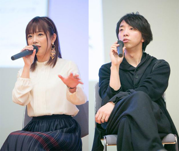 筑波大学で講義をする落合陽一(右)と紗倉まな(左)