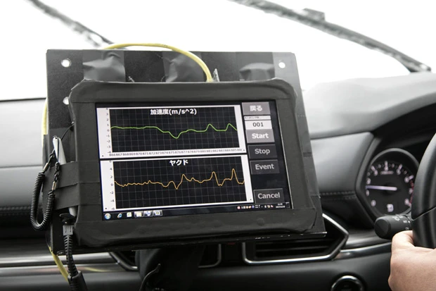 アクセラとCX-5には、加速度とヤクドが表示されるモニターが特別に搭載されていた。試乗者は自らの加減速とハンドリングで、どれほどのヤクドが発生しているのかを体感することができる。