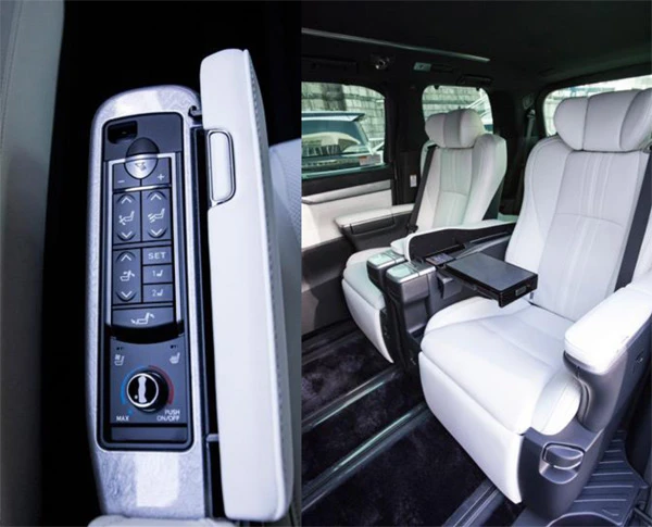 (左)アームレスト内にズラリと並ぶコントロールスイッチ。ベンチレーションシートなどをコントロールできる。(右)固定式のアームレストや厚みのあるヘッドレストが特徴。格納式テーブルまで装備されている。