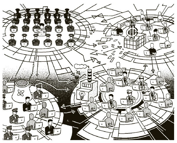 サイバー戦争のイメージ図。右下が日本。自衛隊の「サイバー防衛隊」が中心になって、民間に潜む匿名性が高いハッカーや、情報セキュリティの専門家たちが敵国のサイバー攻撃に対応する