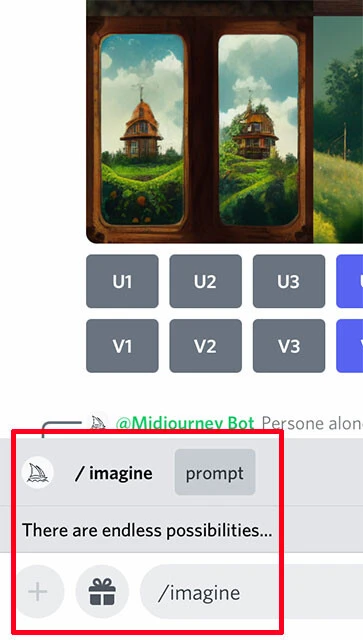 2）絵の指示 Discord内の｢newbies｣というスレッドに入って､チャット欄に｢/imagine｣と入力すると指示が出せるようになる｡英語で､かつAIに伝わりやすい文を打ち込もう（深津氏のインタビュｰ参照）｡英語が苦手でも､自動翻訳ツｰルを利用すればOKだ