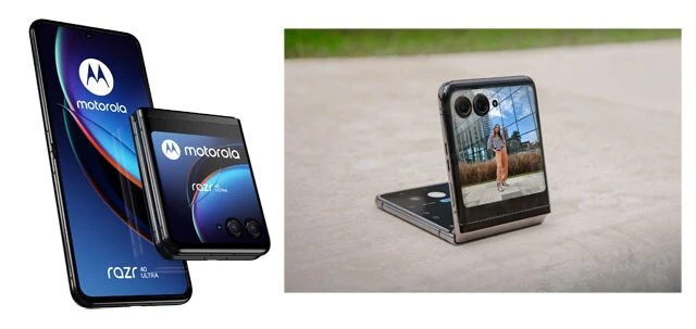 motorola razr 40 ultra（モトローラ・モビリティ・ジャパン）　15万5800円　●展開した状態のメインディスプレーは約6.9インチの大画面！　本体表側のサブディスプレーは約3.6インチで、こちらに各種アプリの操作やコード決済のバーコードの表示もOK！