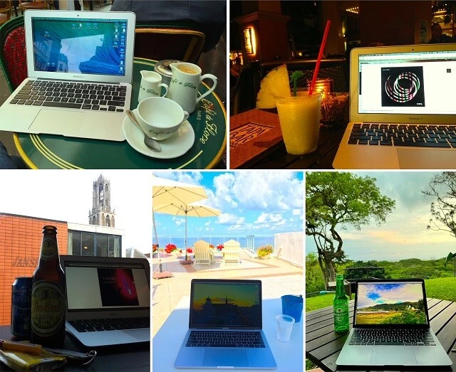 左上から時計回りに、パリ（フランス）、ハワイ（アメリカ）、セントルシア（南アフリカ）、テルアビブ（イスラエル）、ユトレヒト（オランダ）