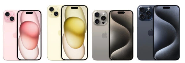 （左から）iPhone 15：ディスプレーサイズ6.1インチ。全5色、128GB、256GB、512GBのストレージ容量がラインナップされるスタンダードモデル。iPhone 15 Plus：色、ストレージ共に15と同じ構成で、ダイナミックアイランドを採用した6.7インチディスプレーを搭載の大画面モデル。iPhone 15 Pro：内部フレームにチタニウムを採用して重量187gを実現。新開発されたA17 ProチップはゲーミングPCのタイトルがサクサク動作。iPhone 15 Pro Max：15 Proの大画面モデル。6.7インチとなり重量が221gにアップ。光学5倍ズームが搭載され、iPhone最強のカメラ性能を誇る
