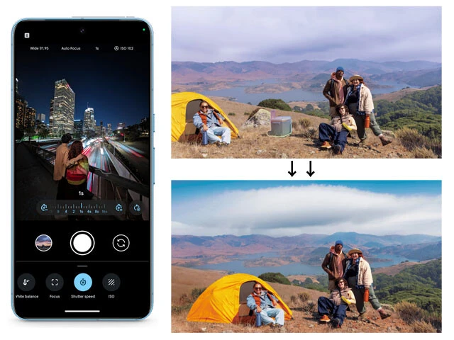 Pixelシリーズの写真機能が神進化！　Pixelシリーズでウリになっているのが、撮影した画像に邪魔な部分を指でなぞって即削除できる「消しゴムマジック」機能。その進化版の「編集マジック」は、消すだけでなくサイズや位置の変更、さらに各種合成など機能が大向上（写真右上下）。カメラアプリもUIが再設計されて写真・動画の切り替え、ズーム設定などがより快適に進化（写真左）