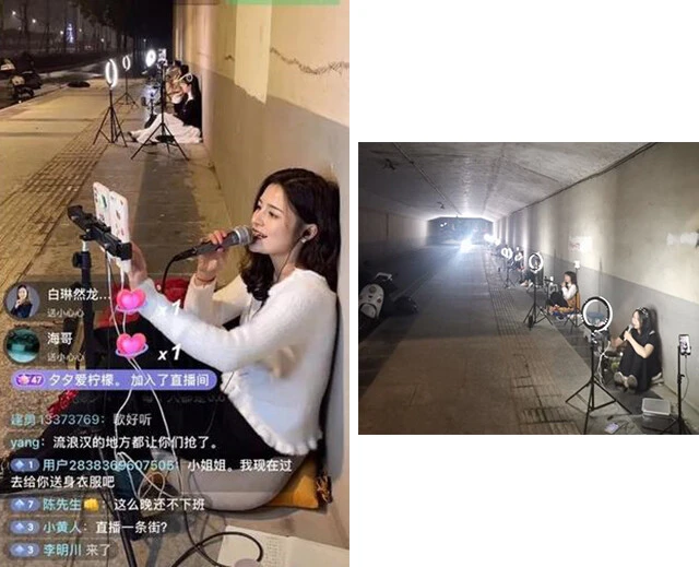 微博やWeChat（ウィーチャット）など中国SNSには「投げ銭」機能が実装されており、動画だけでなく書き込みでも収入を得ることができるのが特徴。写真のように映えスポットでのカラオケがバズったら、老若男女一斉に歌配信を開始。中には月に200万円以上稼ぐカラオケ配信者も!!