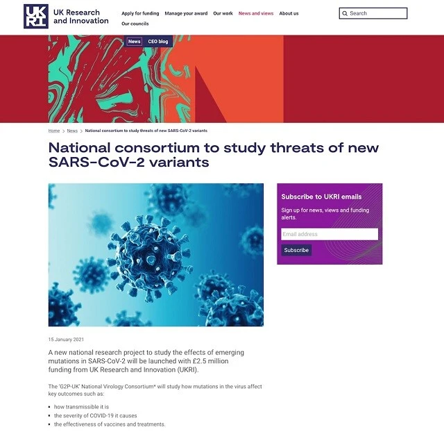 イギリスのG2P-UKは国策のプロジェクト。立ち上げを報じたウェブニュース。細かな字だが、「The 'G2P-UK' National Virology Consortium」と記されている
