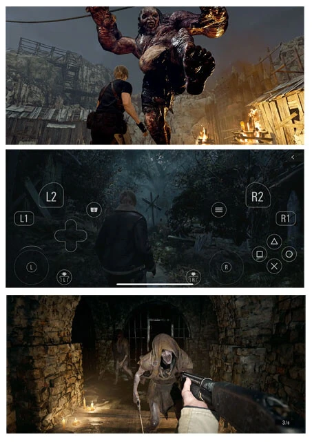 iPhone 15 Proシリーズはゲーム性能に要注目です! 15 Proシリーズで注目の独自機能が、新採用のA17 Proチップの処理能力を生かしたゲーム性能。年内中には『バイオハザード RE:4』(写真上、中)と『バイオハザード ヴィレッジ』(写真下)がリリース予定で、バイオの最新作がスマホで遊べるサプライズが! これらは各種ゲーム用のコントローラー、そしてスマホ単体でも画面に表示されるタッチコントローラーでプレイできる