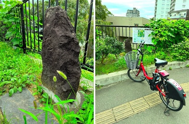 (左)疱瘡石。「疱瘡神」と彫られている。(右)チャリで来た(自転車の奥に見えるのが疱瘡石)