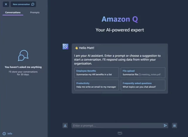 【Amazon】ビジネス用途に特化された生成AI『Amazon Q』。新製品の仕様書やFAQ、さらに売り上げ報告書など、企業が制作することの多い資料生成に特化した仕様となっているのが特徴。今後は同社のAlexaシリーズと連携するコンシューマー用システムの登場にも期待！