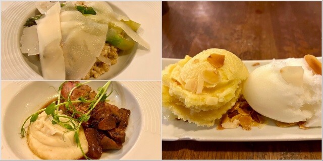 左下から時計回りに「リードヴォー(仔牛の胸腺)」「リゾット」「ソルベ」。本場のフレンチ。さすが、とても美味しかった