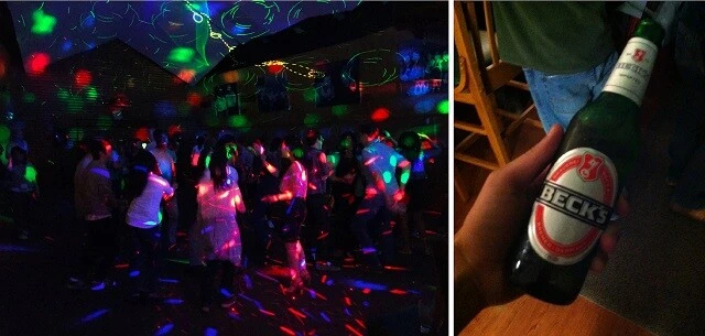 (左)ある年のダンスパーティーの様子。老若男女が踊り狂う。実はこの写真、52話のポスターセッションの写真と同じ部屋、ほぼ同じ構図の写真だったりする(右)バーで手に入れた瓶の「BECK'S」というビールを片手に練り歩くのが好きだった