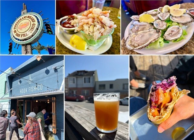 (上段)フィッシャーマンズワーフで食べたシーフード。うまい。(下段)海沿いにあるブリトーの店のテラス席で飲んだIPAと、マグロのブリトー。めっちゃうまい。