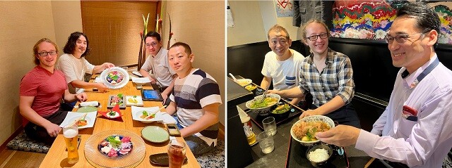 熊本にて。6月のプラハのメンバーが、5か月ぶりに熊本で再集合した。馬刺しやふぐ（左）、ラーメン（右）を食べた