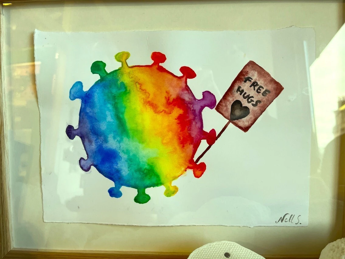 フランス・パスツール研究所のオリヴィエ・シュヴァルツ教授の部屋に飾られていた絵。コロナ禍の中、ラボメンバーが描いた絵だという。額縁に入れられて飾られていた