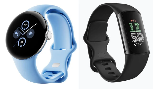 （左）Google Pixel Watch 2 5万1800円から、（右）Fitbit Charge 6 2万3800円。Google Pixel Watch 2はGoogle独自のスマートウオッチ用OS「Wear OS」を搭載し、各種音声操作など機能充実。Fitbit Charge 6はワークアウト、健康管理機能に特化したスマートバンド