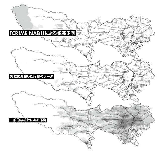 東京都内の一定の期間における「CRIME NABI」による犯罪予測(上)と、実際に発生した犯罪のデータ(中央)。一般的な統計による予測(下)と比較すると、その精度と解像度の高さは一目瞭然だ