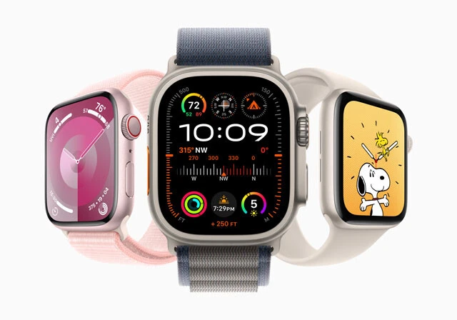(左から)Apple Watch Series 9 5万9800円から、Apple Watch Ultra 2 12万8800円、Apple WatchSE 3万4800円から。Apple Watchシリーズは廉価モデルのSEでも3万4800円からと、Googleや他メーカーの主力商品と比較しても価格が高めなのが弱点。また、バッテリー性能的にも人気のSeries 9が通常利用で18時間と、他社製品に比べて劣っている部分も残念