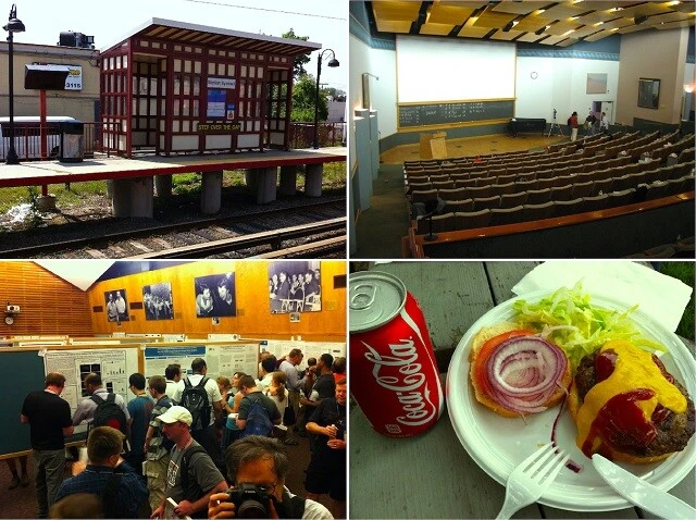 (左上)コールドスプリングハーバー研究所の最寄り駅、サイオセット(Syosset)駅。無人駅。ここから研究所までのシャトルバスが出ている。(右上)講堂。ここでぶっ通しで講演が続く。(左下)ポスターセッション。すごい熱気とノイズで、耳元で大声で話さないと聞こえないレベル。(右下)ランチ。ハンバーガーとコーラが鉄板だった