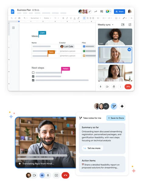 Googleサブスクはビジネス用途に強い！　文書作成なら「Google ドキュメント」（上）、表計算なら「Google スプレッドシート」、パワポ互換の「Google スライド」など無料で使えるビジネス系のサービスが大充実。オンライン会議に使える「Google Meet」（下）も基本無料で提供中