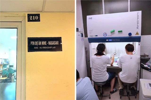 (左)NIHE内にある、長崎大学の研究室の表札。フランス・パリの案内板を彷彿とさせるデザイン。「Friendship Laboratory」とある。(右)汗だくでひたすらに試薬を分注する、私と大学院生のF。