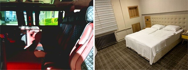 （左）送迎バンの内装。暗くてわかりづらいが、色が違うだけで、バンコクのバンそっくり。（右）宿舎。「合宿所」という感じで、海外から招待した偉い先生を泊まらせるような部屋ではなかった。