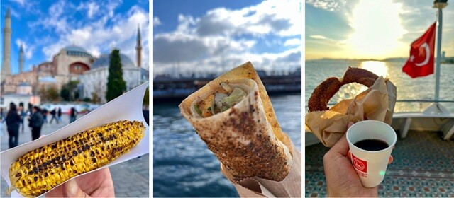 （左）アヤソフィアを背景に食べた焼きもろこし。（中央）ガラタ橋とボスポラス海峡を背景に食べたサバラップ。（右）ボスポラス海峡の上で食べたシミットと、一緒に飲んだトルコティー。どれもマズくはなかったけれど、「美味い！」と唸るほどだったかと言われると……であった。