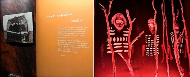 (左)アボリジニと天然痘についての展示ブース。(右)「コパイ(kopi)」という石灰の染料を使ってからだに模様をつけた、アボリジニの弔いの儀式の様子。天然痘のブースの横に設置されていた。