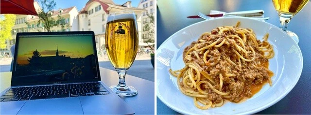 旅先でお決まりの、カフェでビールを飲みながらの仕事(左)。頼んだボロネーゼもちゃんとおいしかった(右)