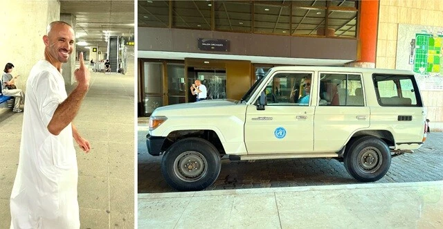 (左)ドライバーのラフィク。イスラム・アラブ男性の民族衣装であるトーブを着て、空港まで迎えに来てくれた。(右)ラフィクの運転するランドクルーザー。側面にはWHOのロゴも。シートベルトが壊れていて使えないが、時速100キロ超えで爆走する。走り屋ばりにすり抜けを繰り返し、クラクション鳴らしまくるファンキーなやつ。