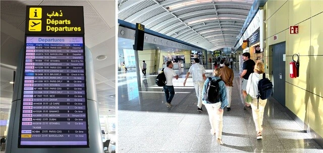 (左)一向に更新されない電光掲示板。表示の消し忘れなのかもしれないが、「15:55」という表示も残っている(「Departed(出発済)」とあるが、だったら消せばいいのに......)。(右)右往左往する中で、不思議な連帯感が生まれたロンドン行き御一行様。