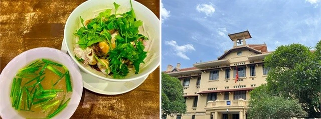 (左)つけ麺風のフォー。麺にもたれがかかっていて、それだけでもまぜそばのようにして食べられる。つけ麺のようにしてスープにつけてももちろんおいしい。これで450円くらい(75,000ドン)。(右)いかにもベトナム建築様式な、NIHEの建物。なかなか味がある。