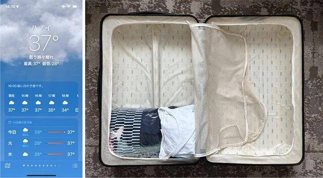 (左)14時すぎのハノイの気温。やはり暑い。(右)NIHEに持ち込んだ実験機材やお土産がなくなり、私の1泊分の荷物だけになったスーツケース。