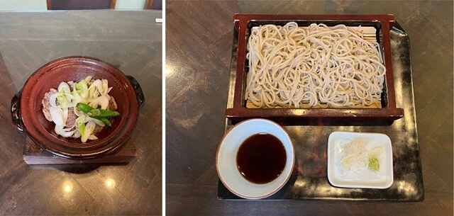 帰国後の昼食で食べた、白金高輪にある蕎麦屋のそば前の鴨焼き(左)とせいろそば(右)。しっかり美味しい、ほっとする味。