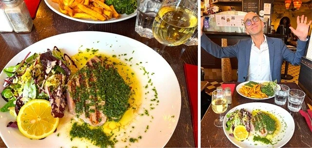 （左）マグロのグリルとソーヴィニョンブラン。めちゃうま。（右）謎のポーズをとるオリヴィエ。ちなみに、ワインの銘柄や産地などはからっきしだし、覚えるつもりもないのだが、「（カベルネ）ソーヴィニョン」と「シャルドネ」だけはなんとか覚えた。2024年11月現在、私はどちらかというと前者が好き。
