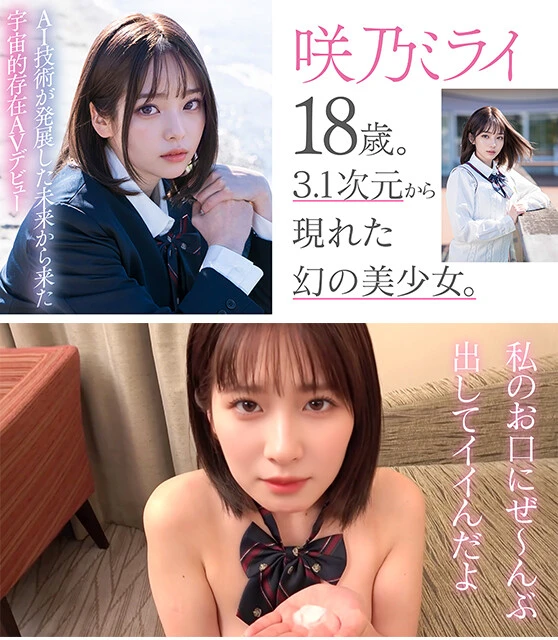 『【3.1次元】AI美少女アイドル咲乃ミライ18歳 専属新人デビュー』2024年3月に発売された、AIAVの先駆的存在。3.1次元から現れた幻のAI美少女、咲乃ミライが主演。2025年には2作目が発売された